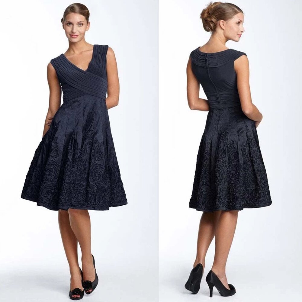 Adrianna Papell Navy V-Neck Taffeta A-Line Fit & Flare Dress, Like New, Size 14